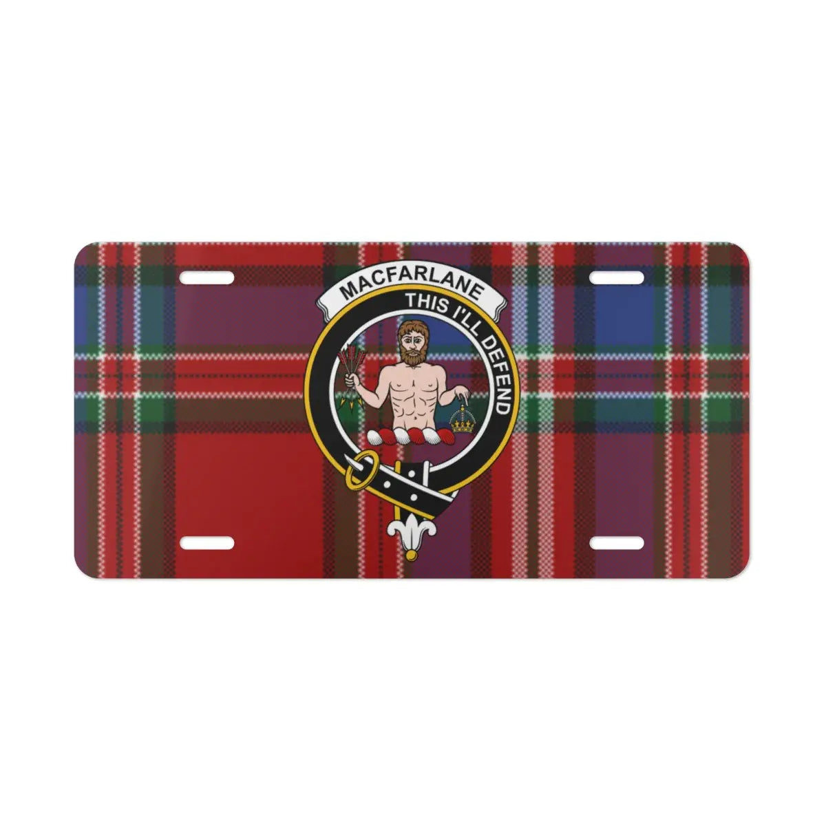 MacFarlane This I'll Defend clan tartan design license plate — heraldic design on aluminium