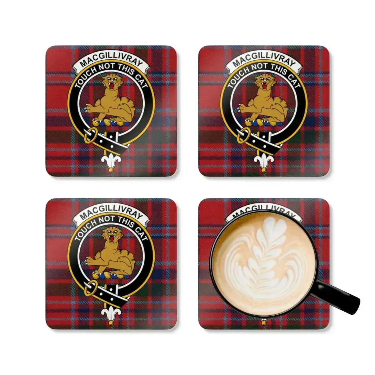 MacGillivray tartan crest coasters displayed on table — full colour Scottish clan crest print