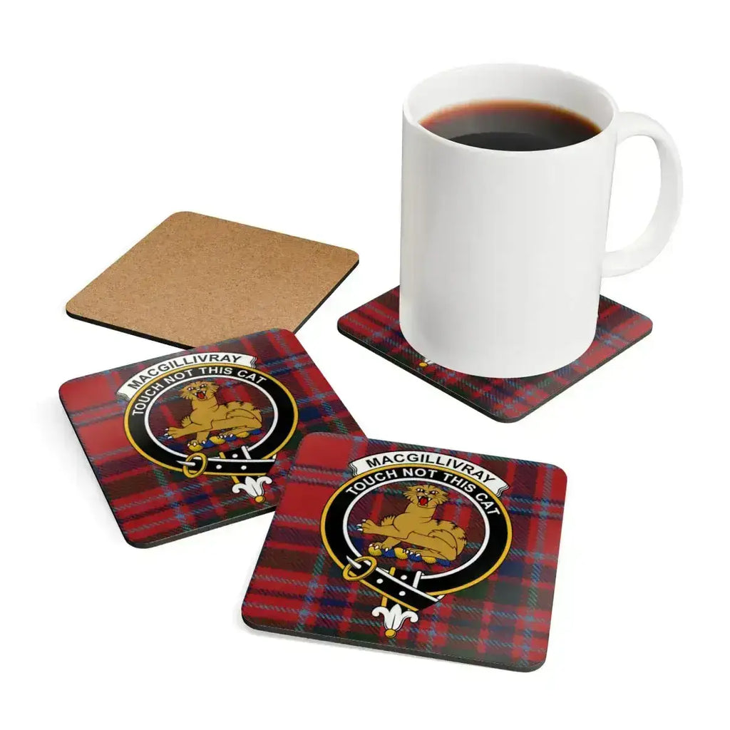 MacGillivray clan crest tartan coaster set stacked — showing cork base and print detail