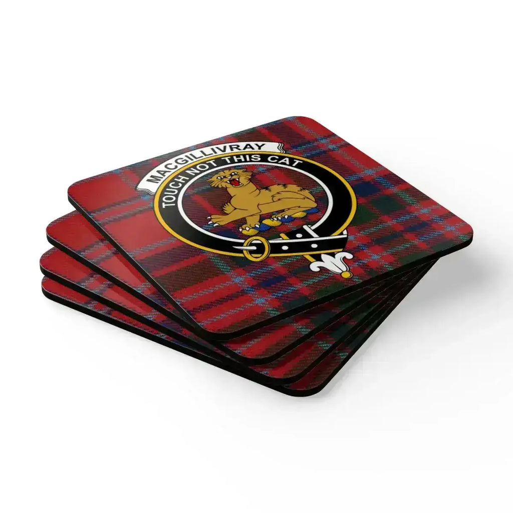 MacGillivray Touch Not the Cat coaster in use under mug — 3.75 inch square cork coaster