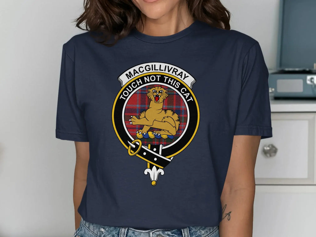 Clan MacGillivray crest printed on royal blue t-shirt — unisex cotton short sleeve
