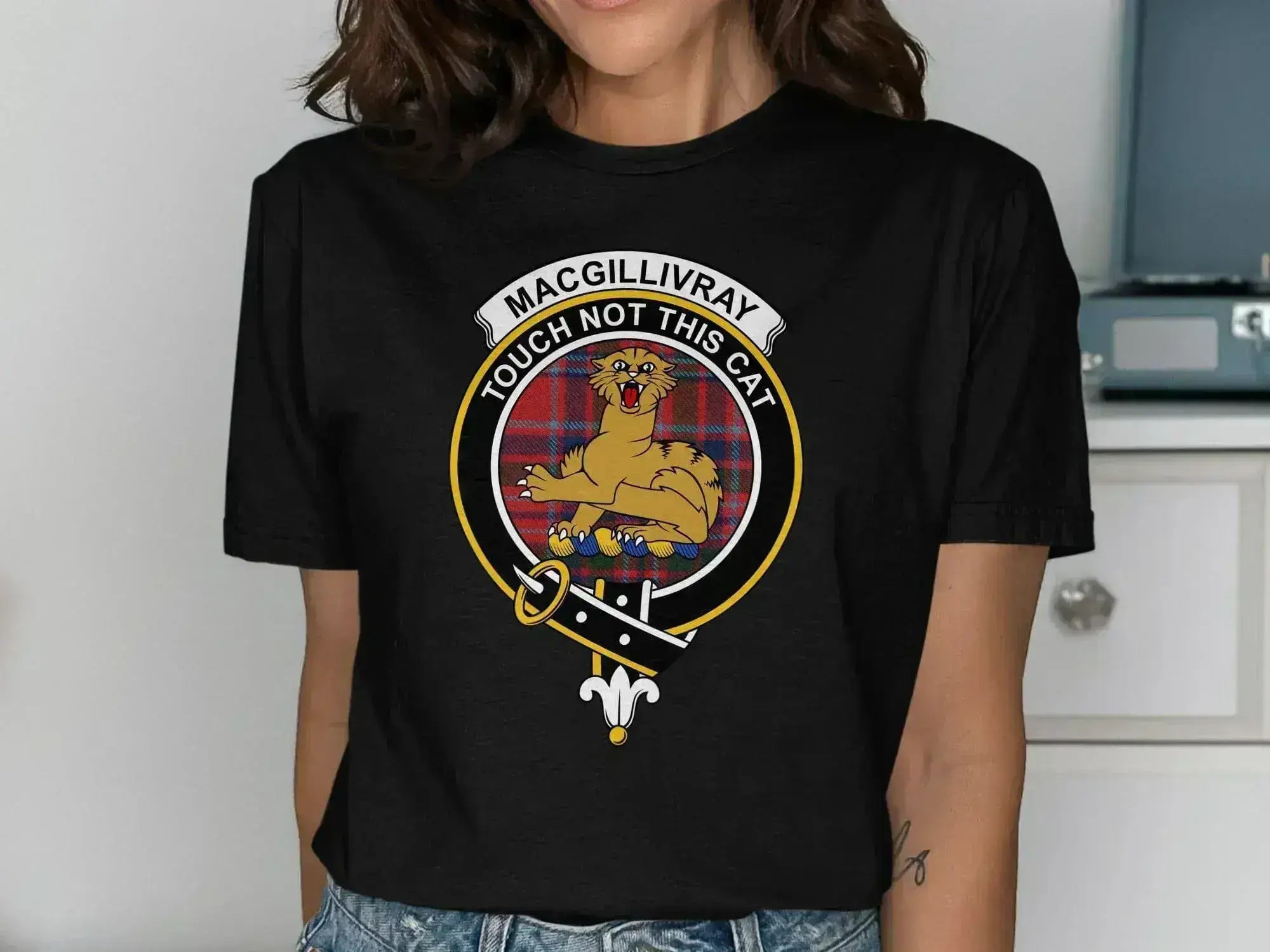 MacGillivray clan crest printed black t-shirt — Touch Not the Cat tartan front graphic