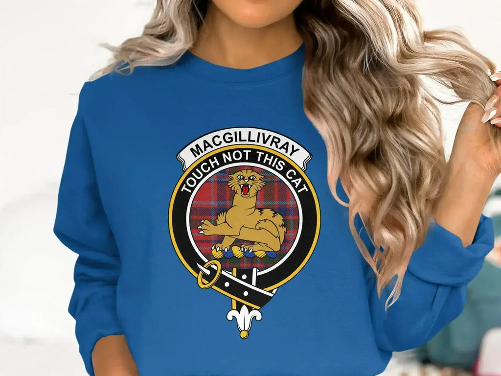MacGillivray crest sweatshirt in royal blue — printed tartan clan motto crewneck fleece