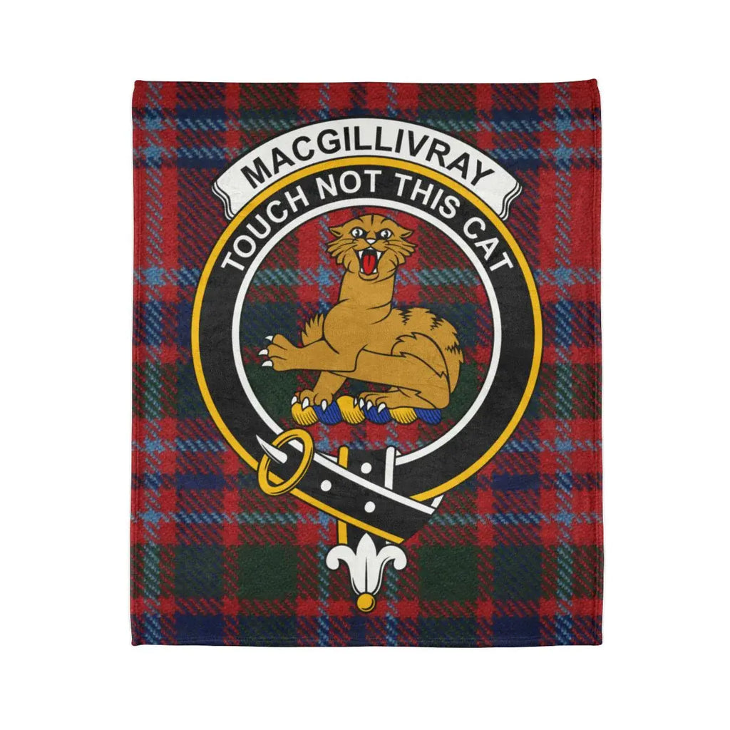 MacGillivray clan crest tartan throw blanket laid flat — full Touch Not the Cat print
