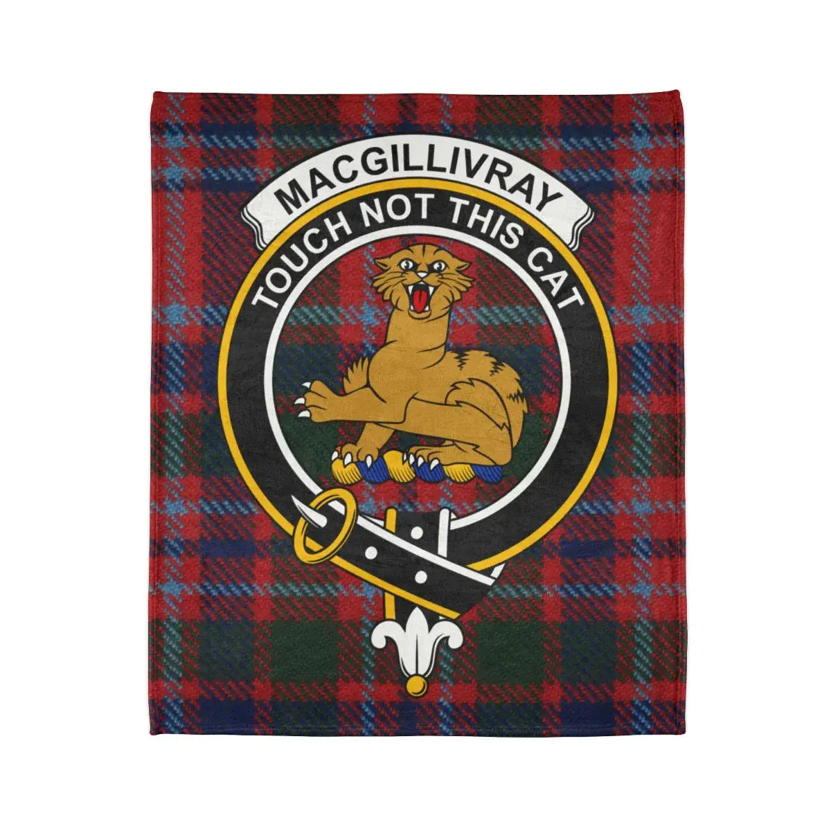 MacGillivray clan crest tartan throw blanket laid flat — full Touch Not the Cat print