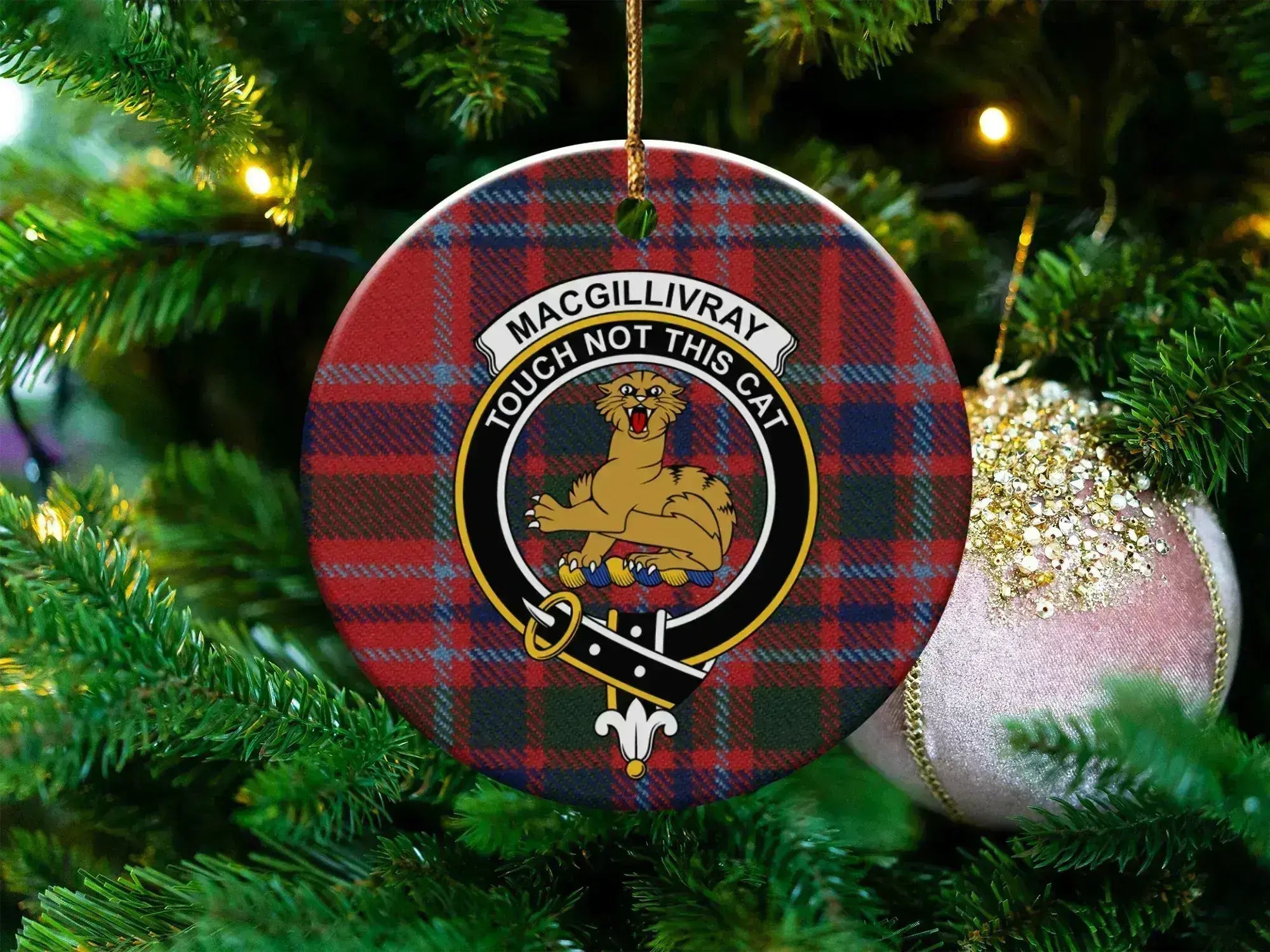 MacGillivray clan crest tartan ceramic ornament — Touch Not the Cat double-sided 3-inch round