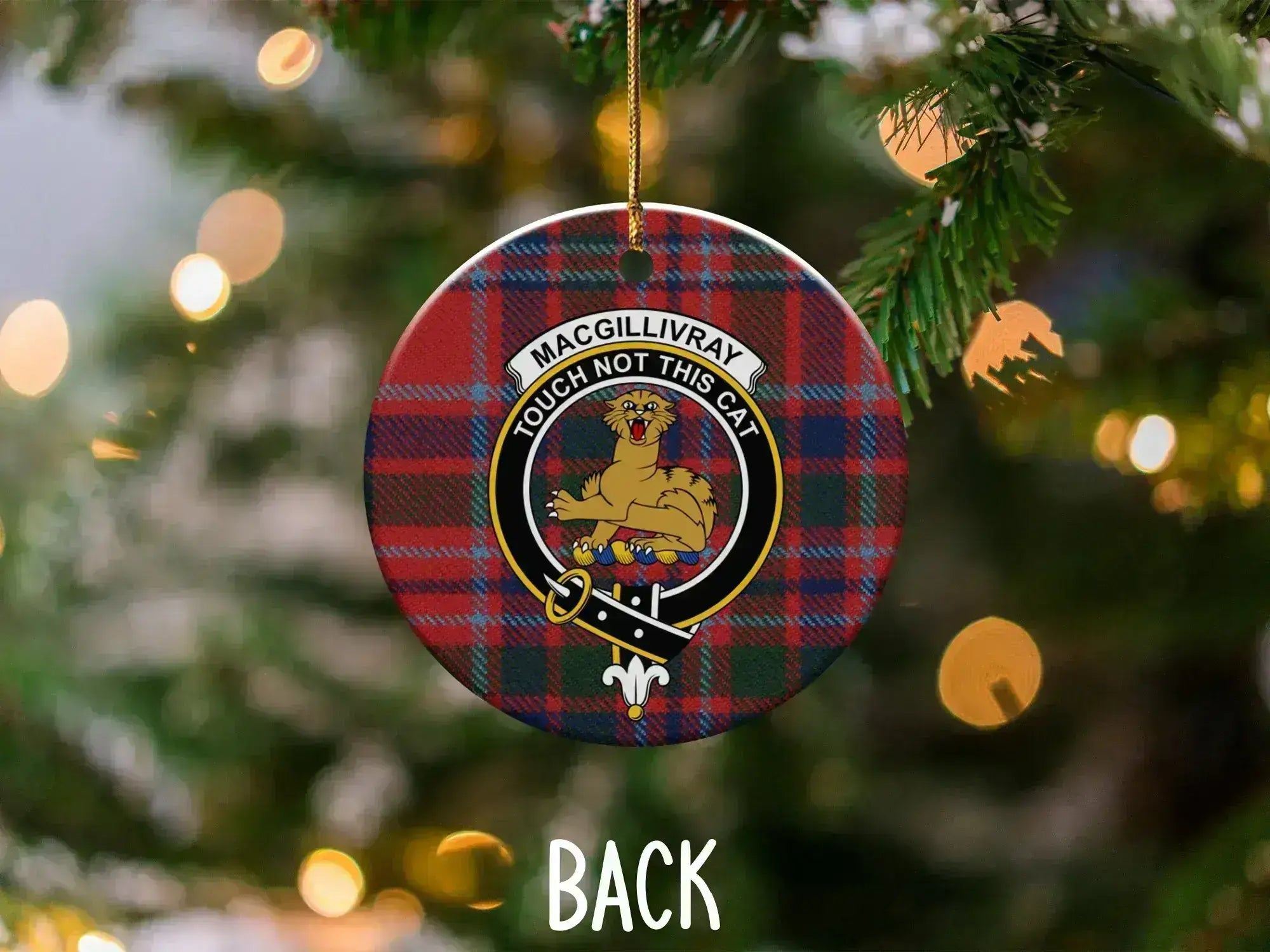 MacGillivray tartan crest ornament reverse side — gold hanging string and UV printed design