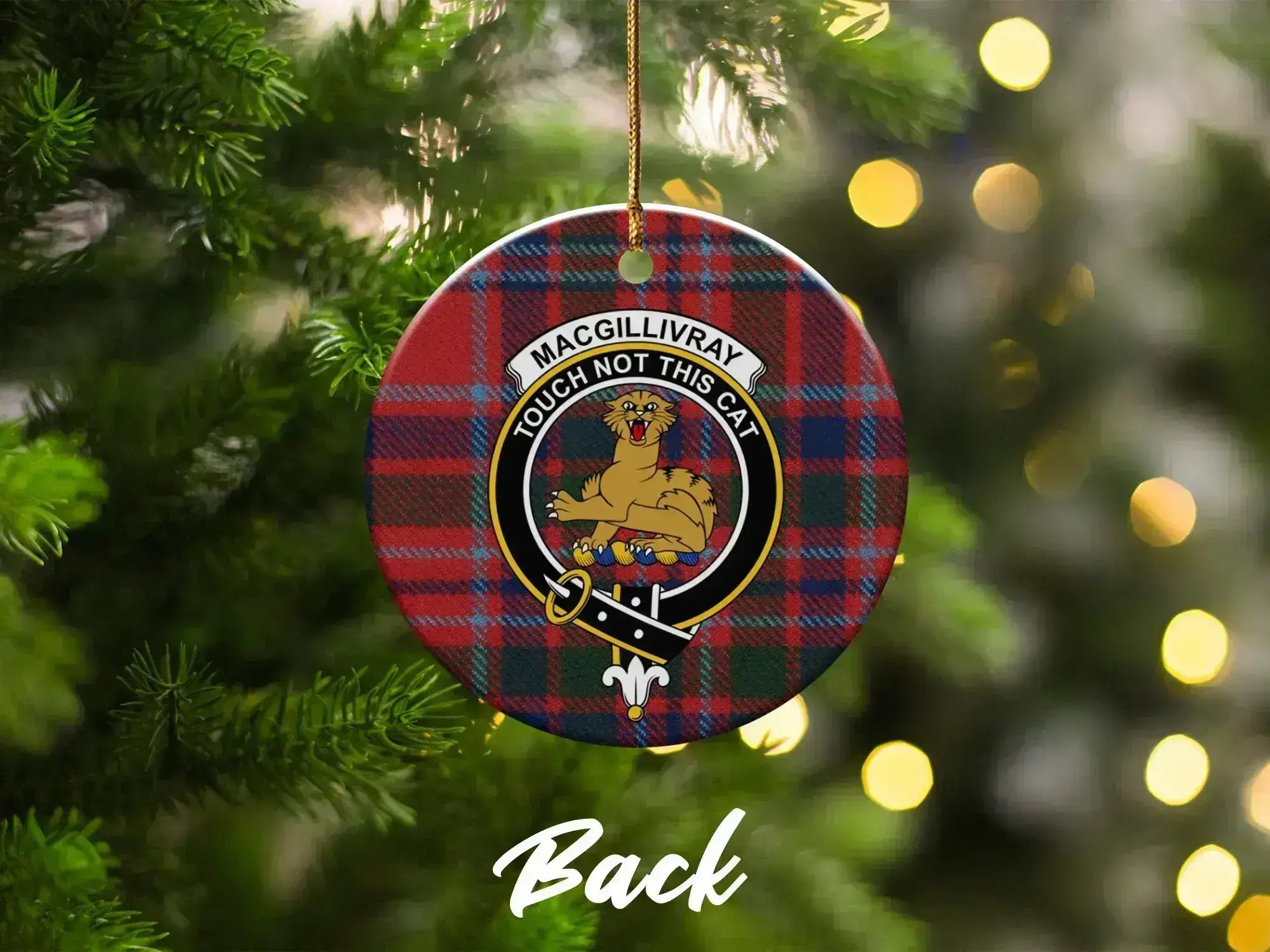 MacGillivray clan ceramic ornament on Christmas tree — 3-inch round Touch Not the Cat keepsake