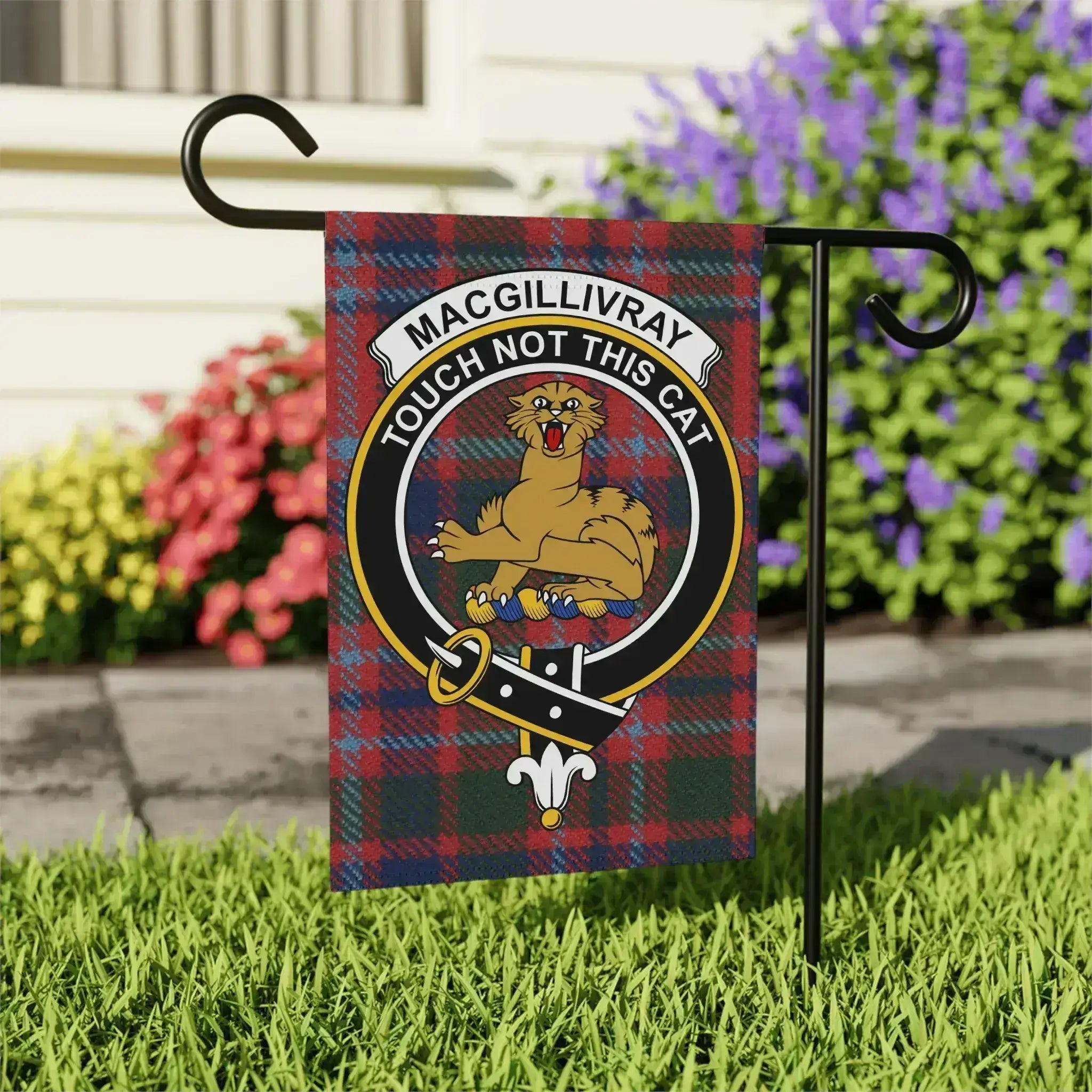 MacGillivray tartan crest garden flag on outdoor stake — larger 24.5x32 porch display size