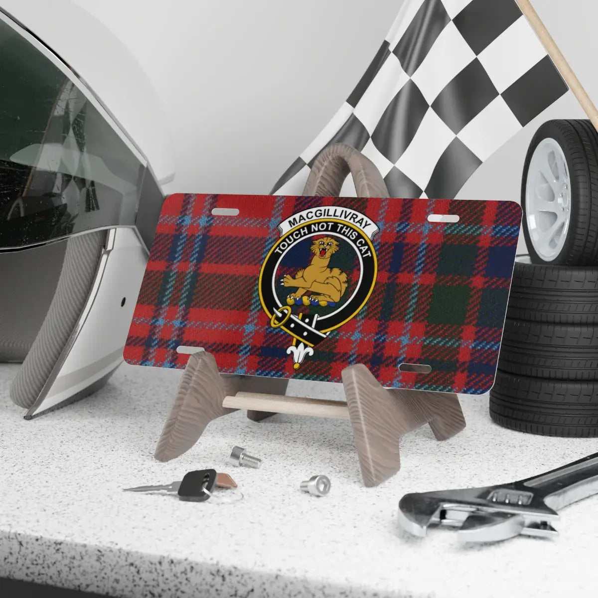 MacGillivray clan crest tartan novelty license plate — Touch Not the Cat on aluminium 12x6