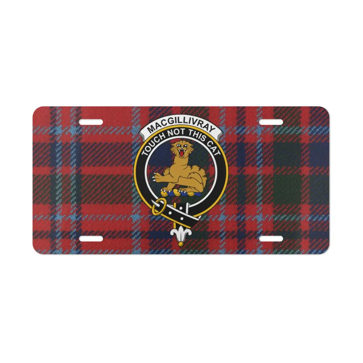 MacGillivray clan crest tartan license plate — vivid print on white aluminium front 12x6