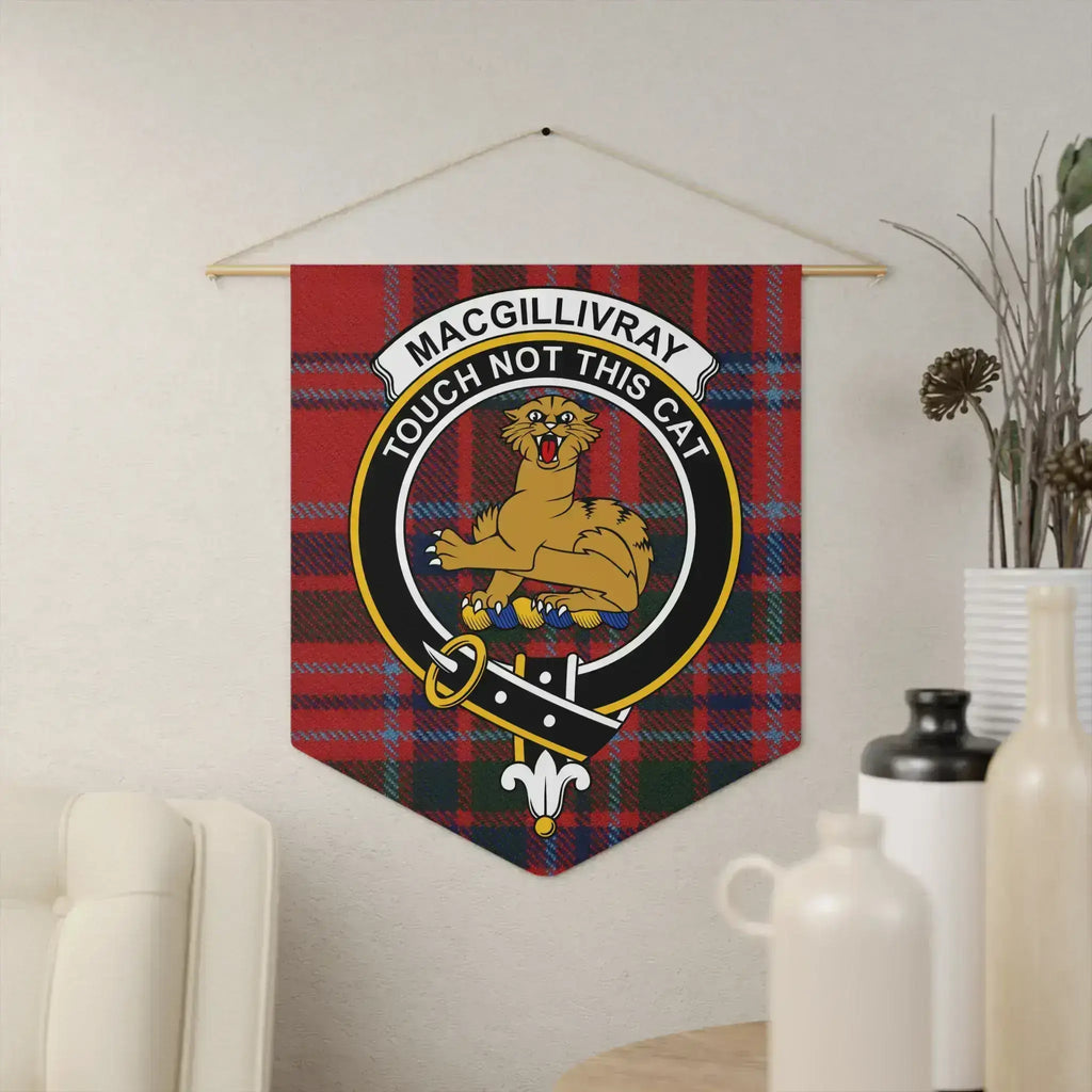 MacGillivray clan crest tartan pennant — Touch Not the Cat on 18x21 polyester twill banner