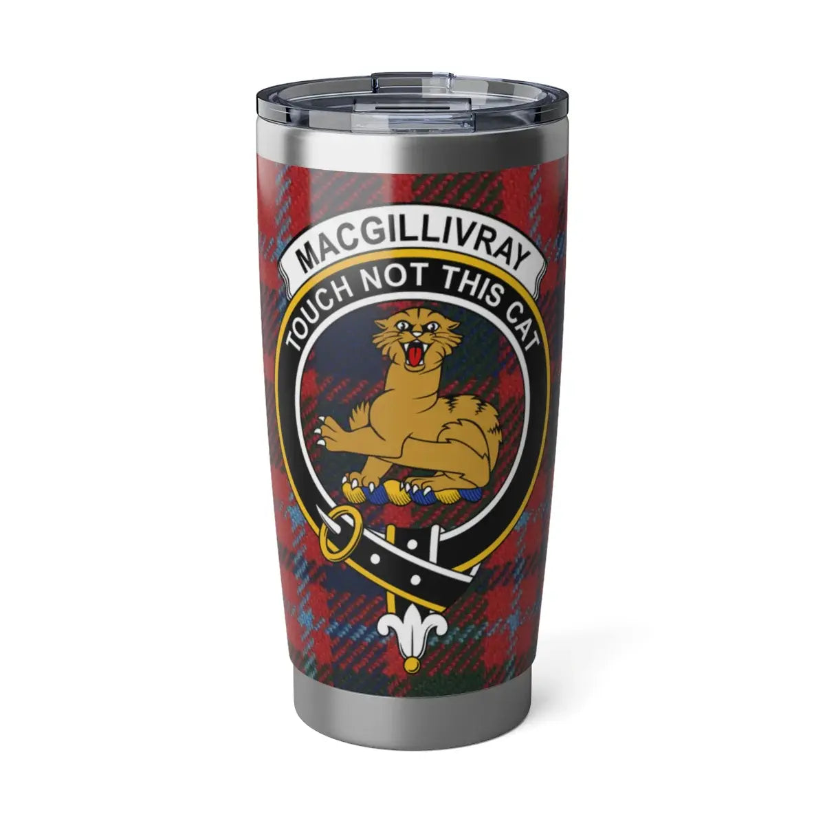 MacGillivray clan crest tartan 20 oz insulated steel tumbler — Touch Not the Cat design