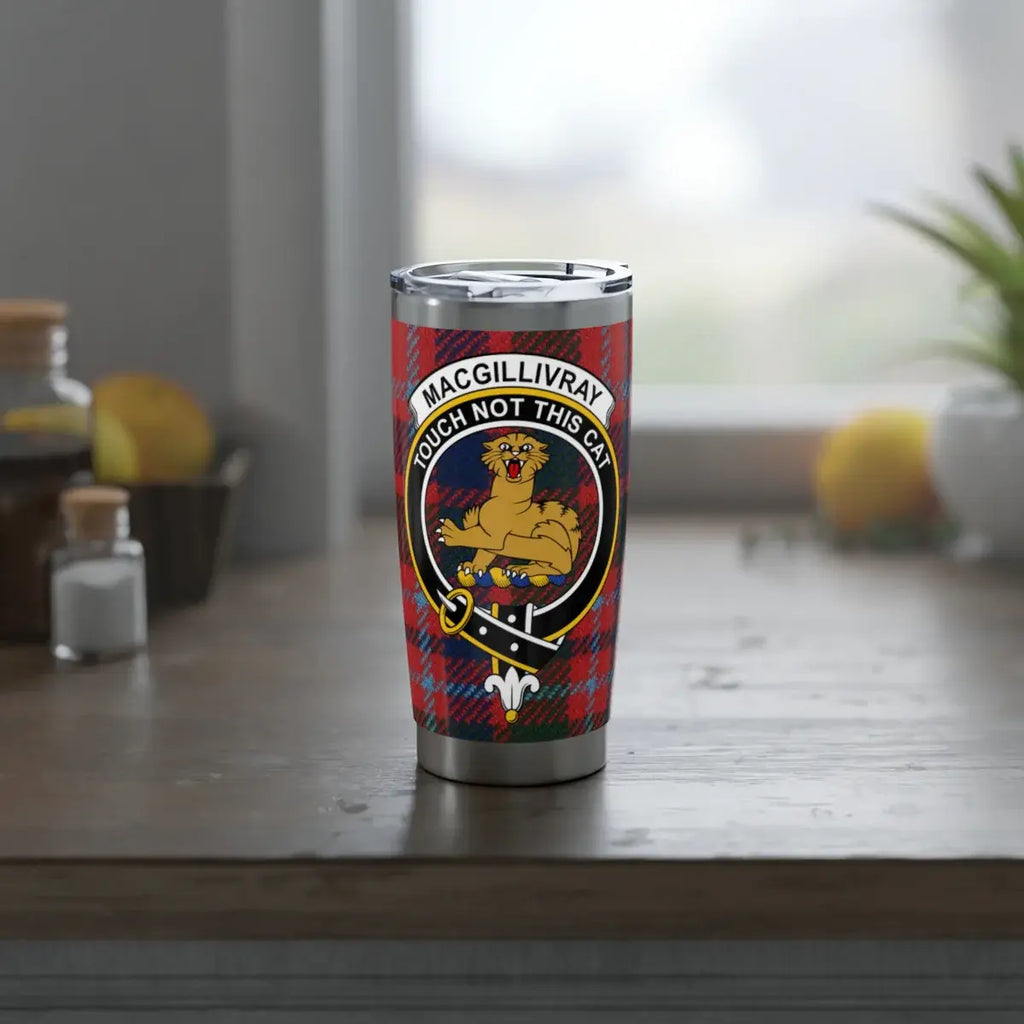 MacGillivray clan crest tumbler showing tartan wrap — slim profile fits car cup holders