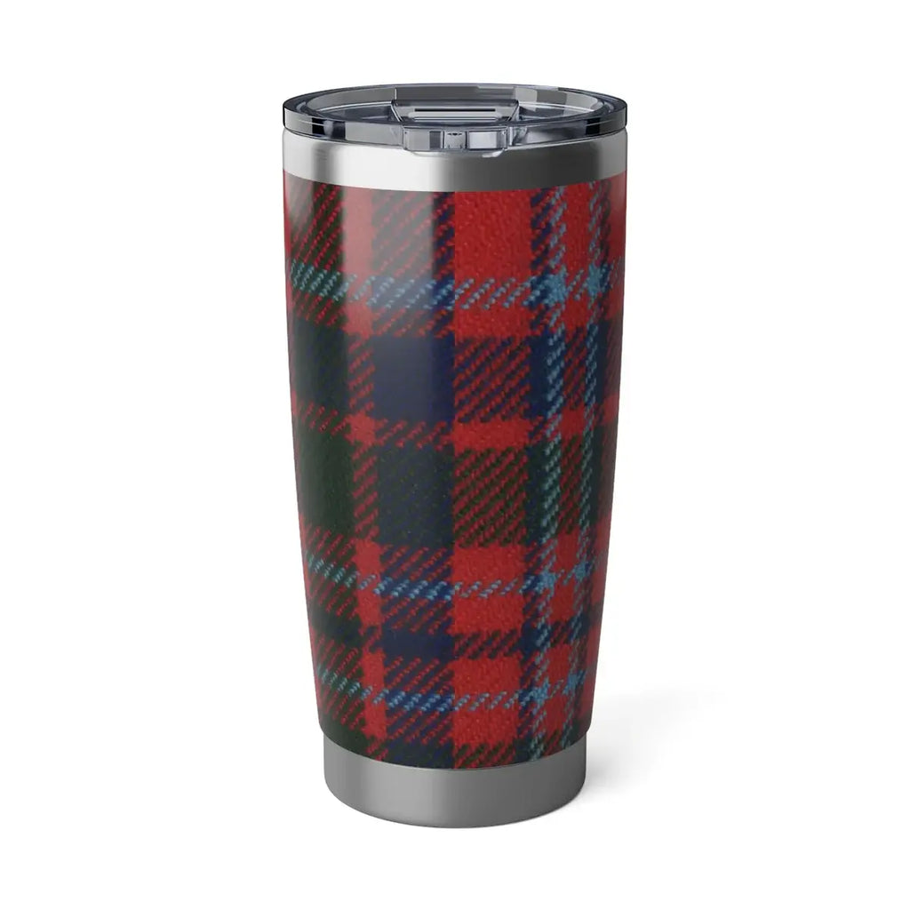 MacGillivray tartan plaid insulated tumbler — red and green crest wrap on stainless steel