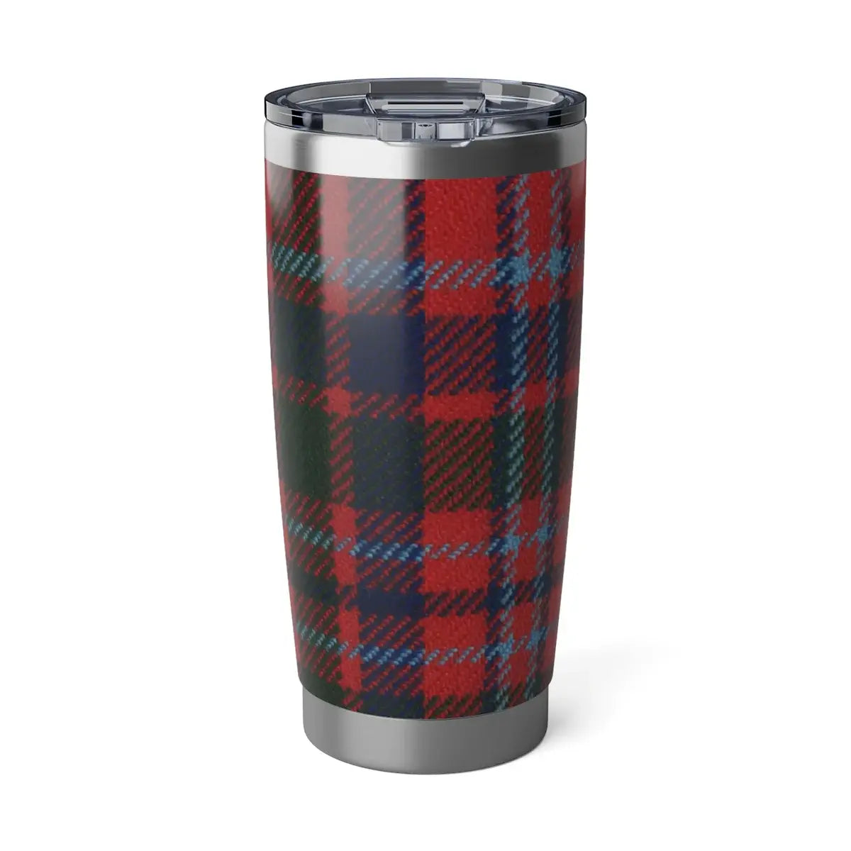 MacGillivray tartan plaid insulated tumbler — red and green crest wrap on stainless steel