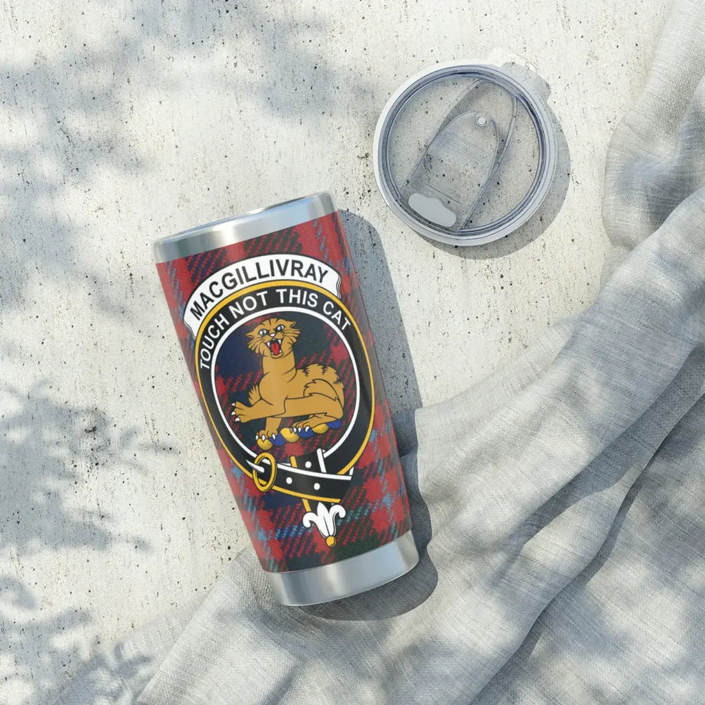 MacGillivray clan crest tumbler lid and gasket detail — spill-resistant travel tumbler