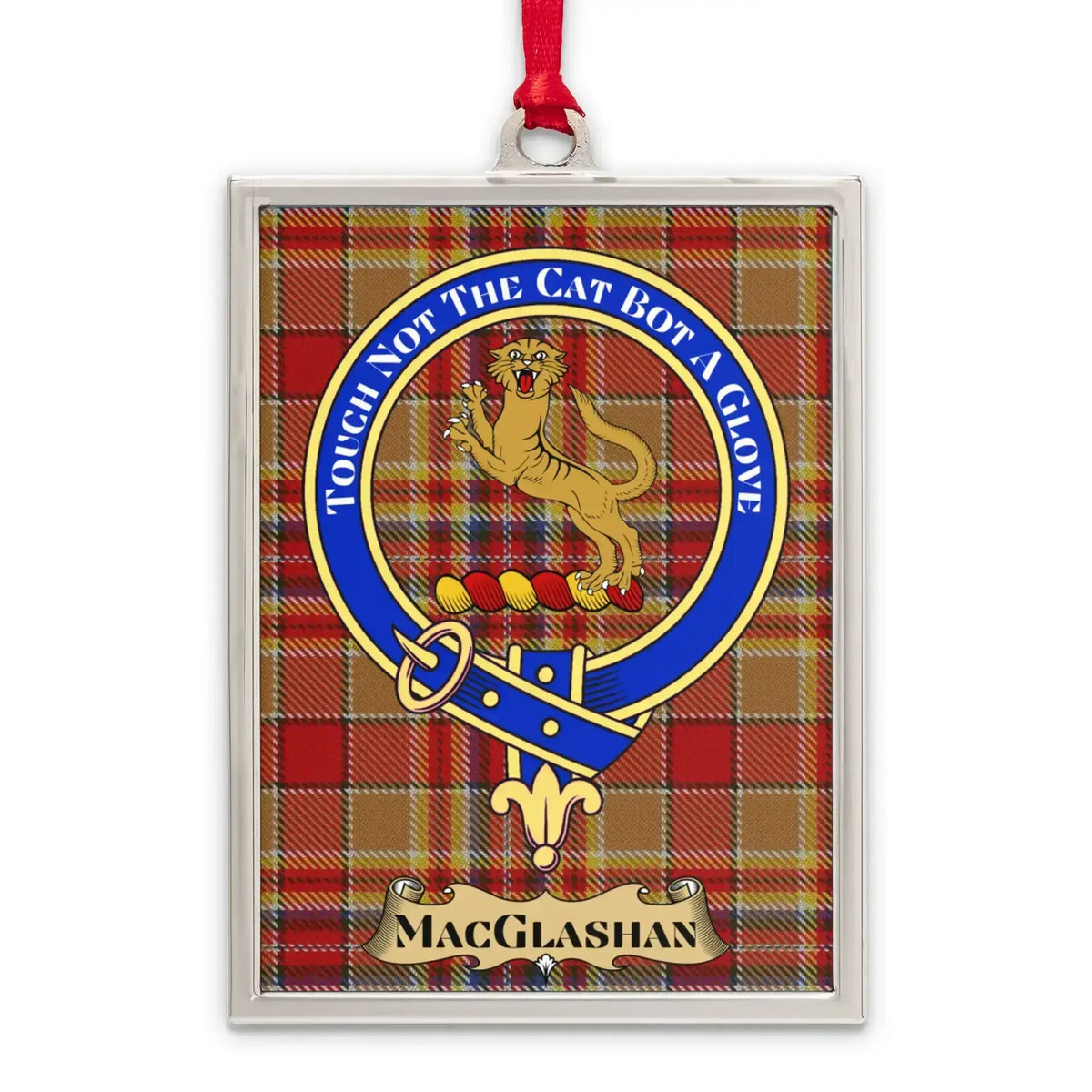 MacGlashan tartan-background crest ornament shown as a Scottish heritage keepsake gift
