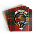 MacGregor Scottish clan tartan crest coasters set of 4 — natural cork squares with 'S Rioghal Mo Dhream design