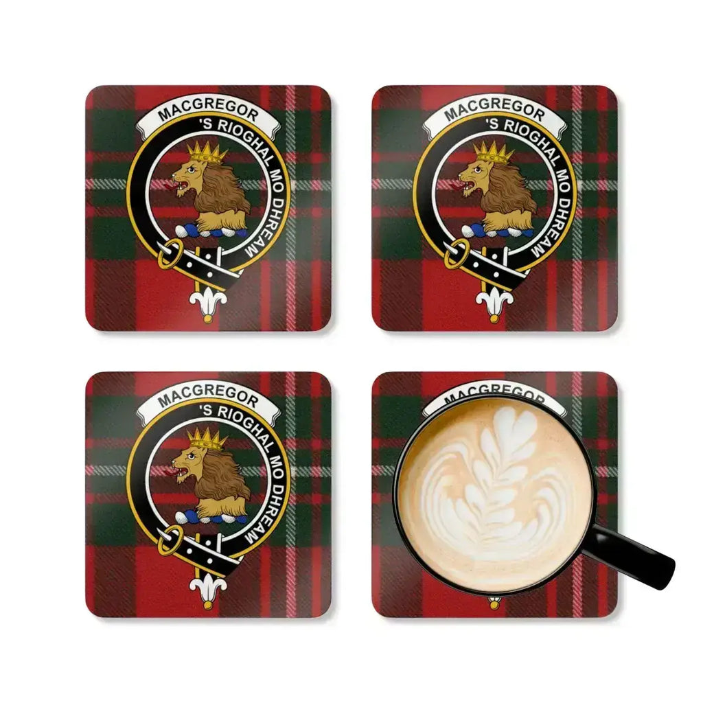 MacGregor clan tartan coasters set of four — four cork coasters with lion heraldic design