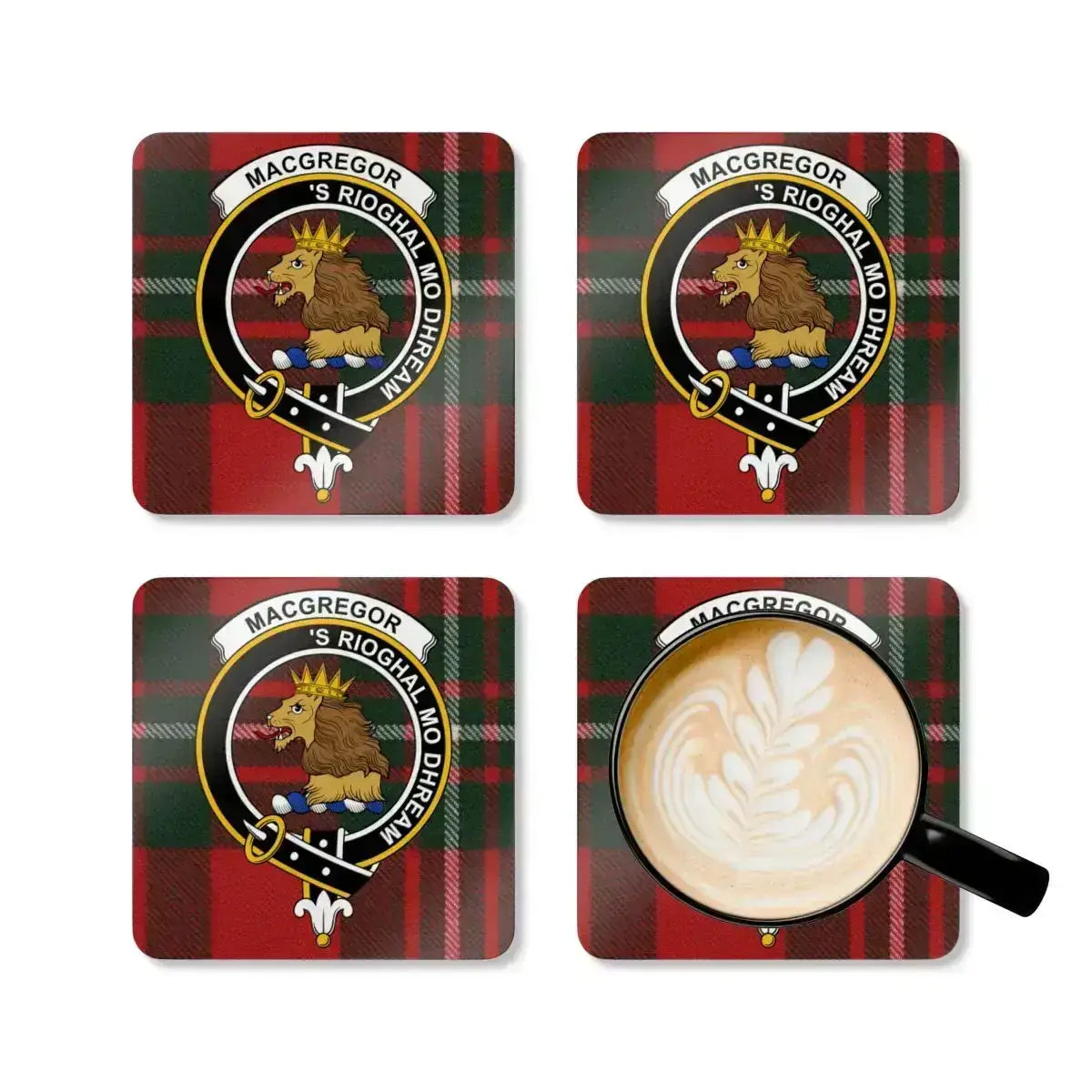 MacGregor clan tartan coasters set of four — four cork coasters with lion heraldic design