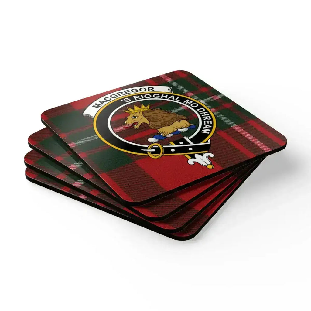MacGregor clan crest tartan pattern set of 4 coasters — natural cork base, glossy sealed print