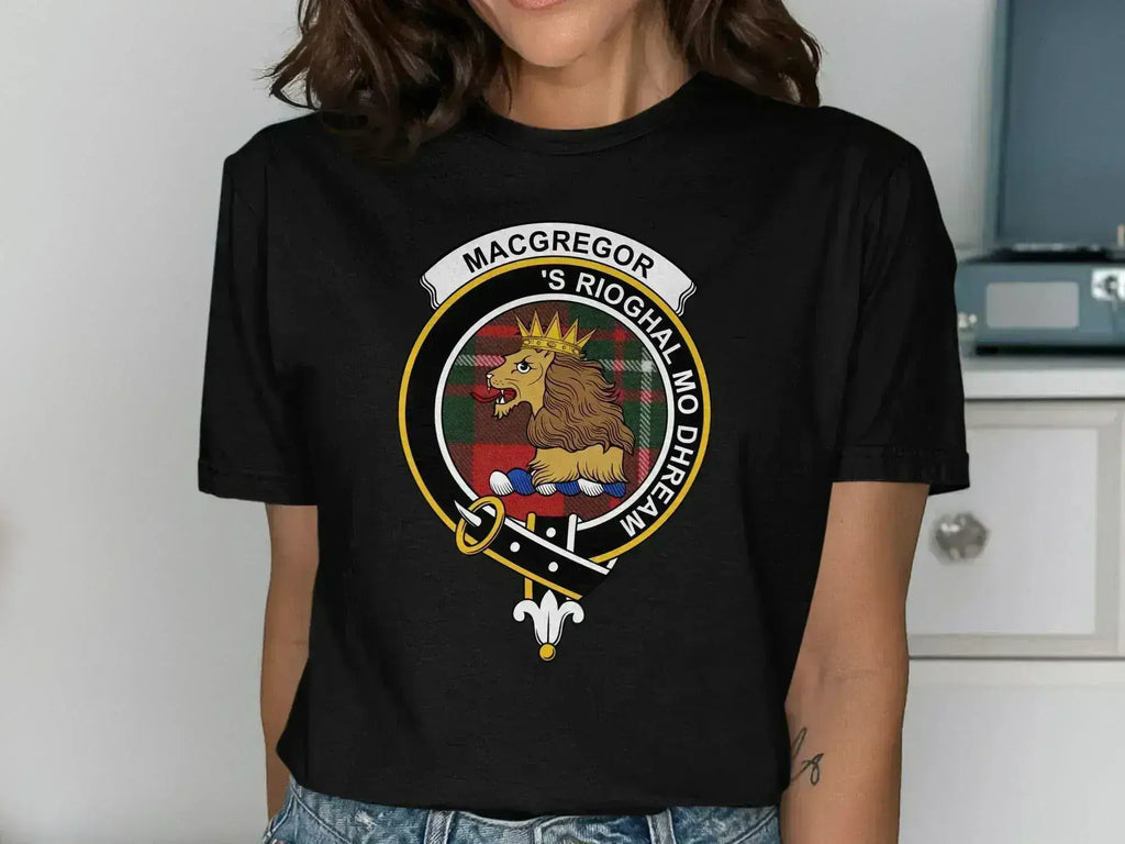MacGregor clan crest lion badge black shirt — 'S Rioghal Mo Dhream heraldic design on cotton