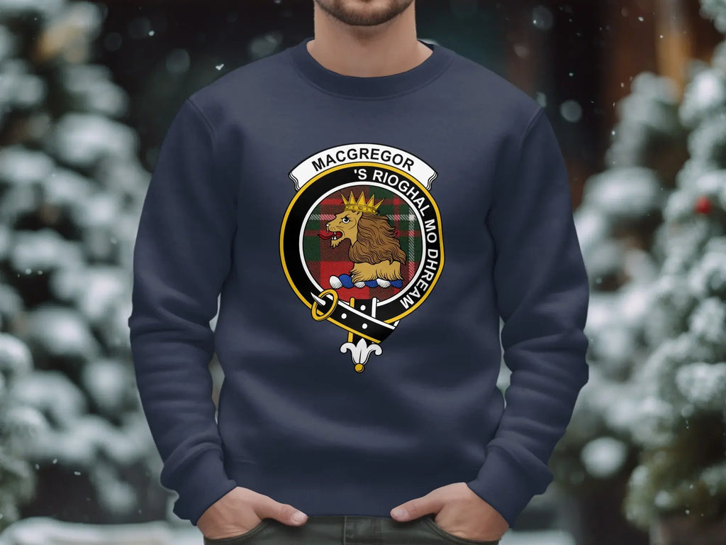 MacGregor 'S Rioghal Mo Dhream navy blue sweatshirt — full clan crest lion heraldic on fleece