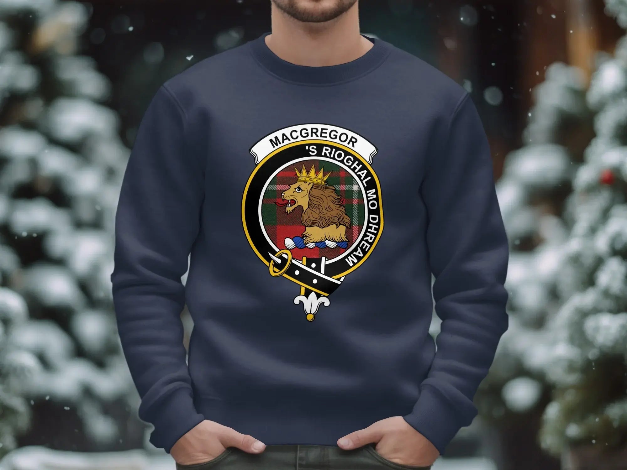 MacGregor 'S Rioghal Mo Dhream navy blue sweatshirt — full clan crest lion heraldic on fleece