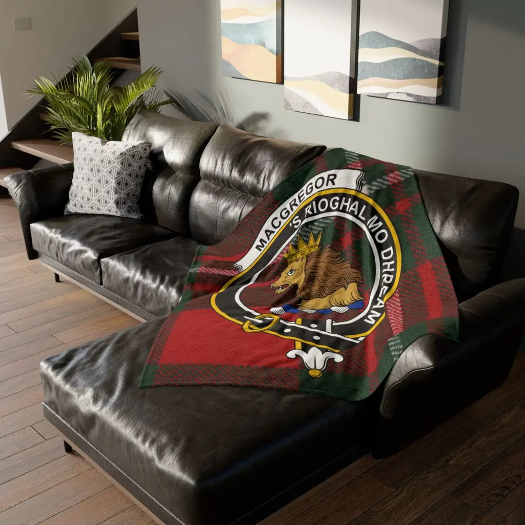MacGregor clan crest red and green tartan throw blanket — 50x60 polyester with lion heraldic design