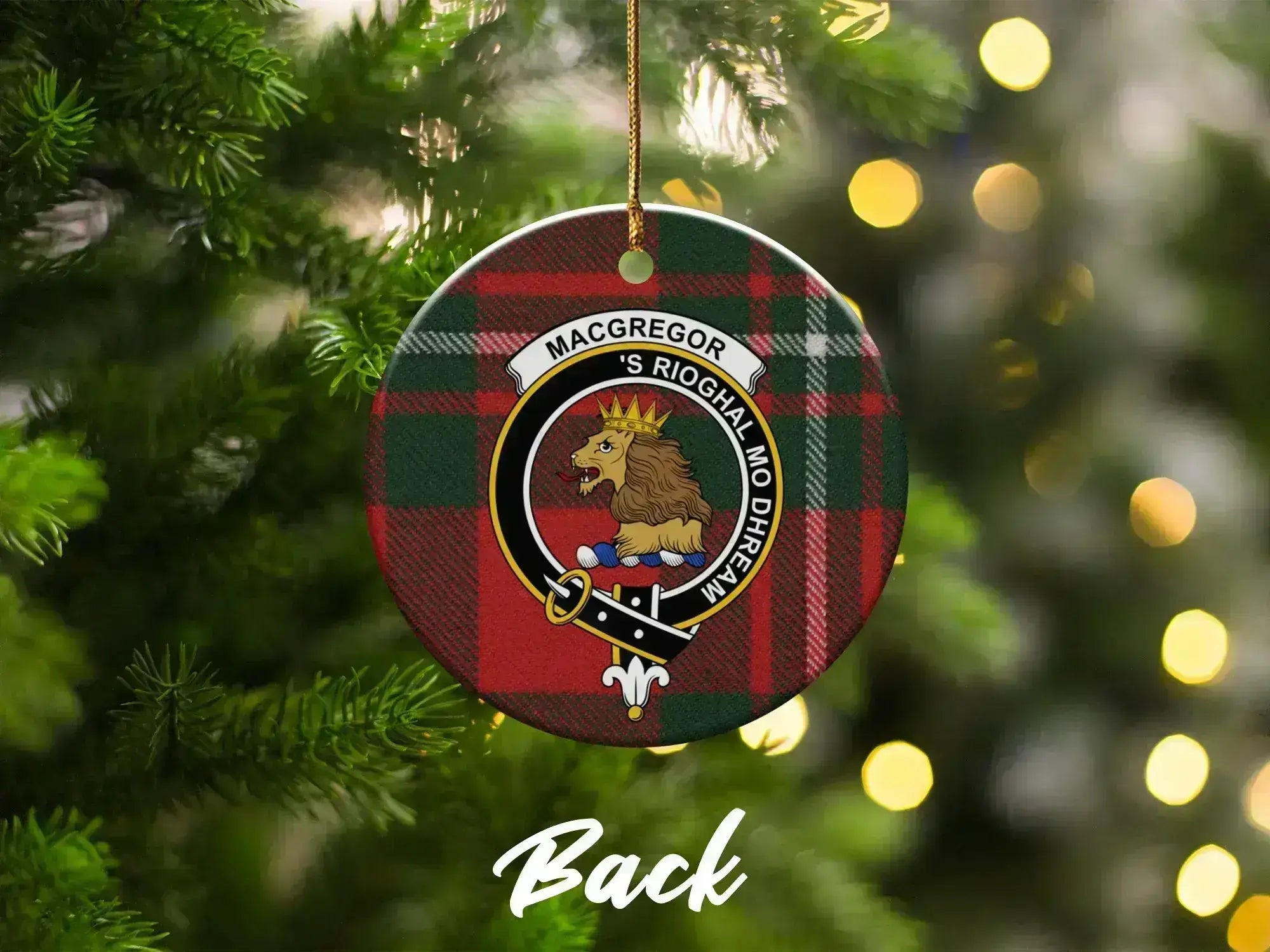 MacGregor traditional plaid ornament — double-sided glazed ceramic, 3-inch disc