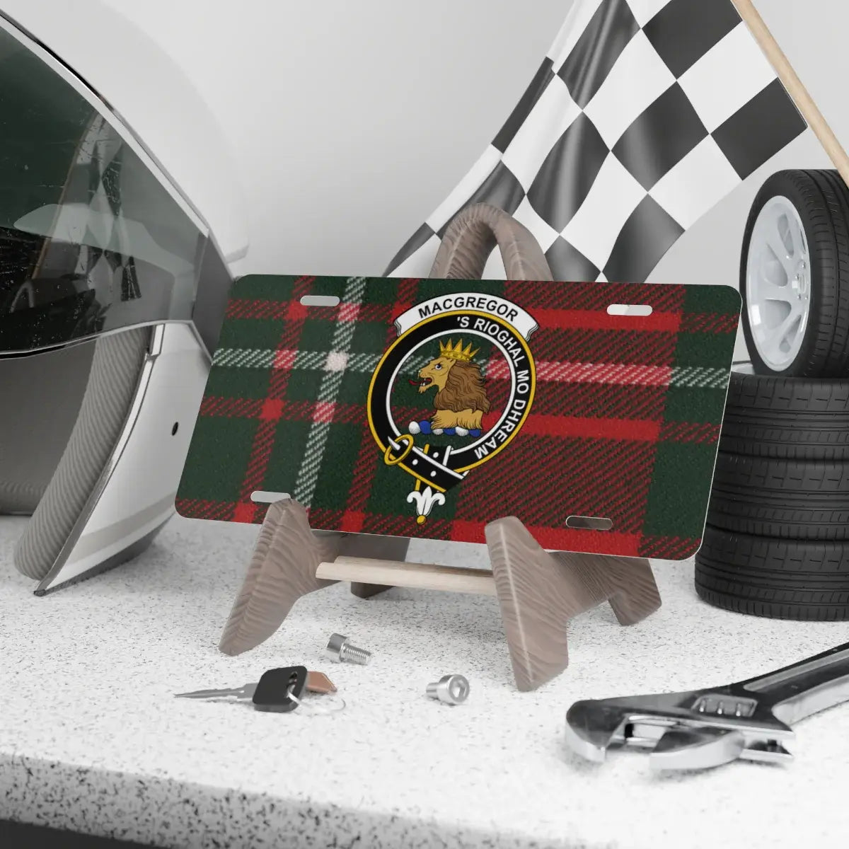 MacGregor Scottish clan badge novelty license plate — 12x6 aluminium with 'S Rioghal Mo Dhream heraldic design
