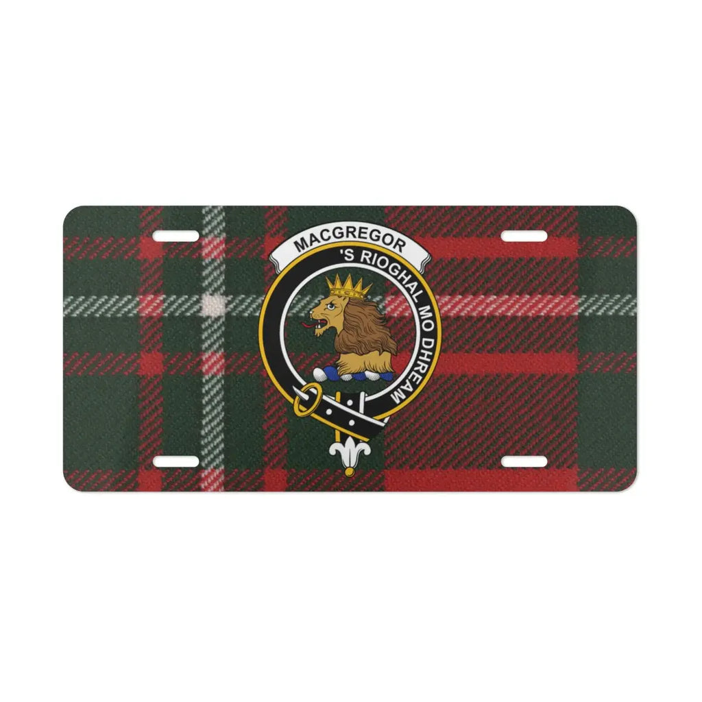 MacGregor clan crest Scottish plaid license plate — Royal is My Race lion design on aluminium