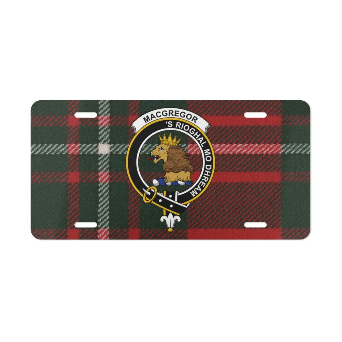 MacGregor clan crest Scottish plaid license plate — Royal is My Race lion design on aluminium