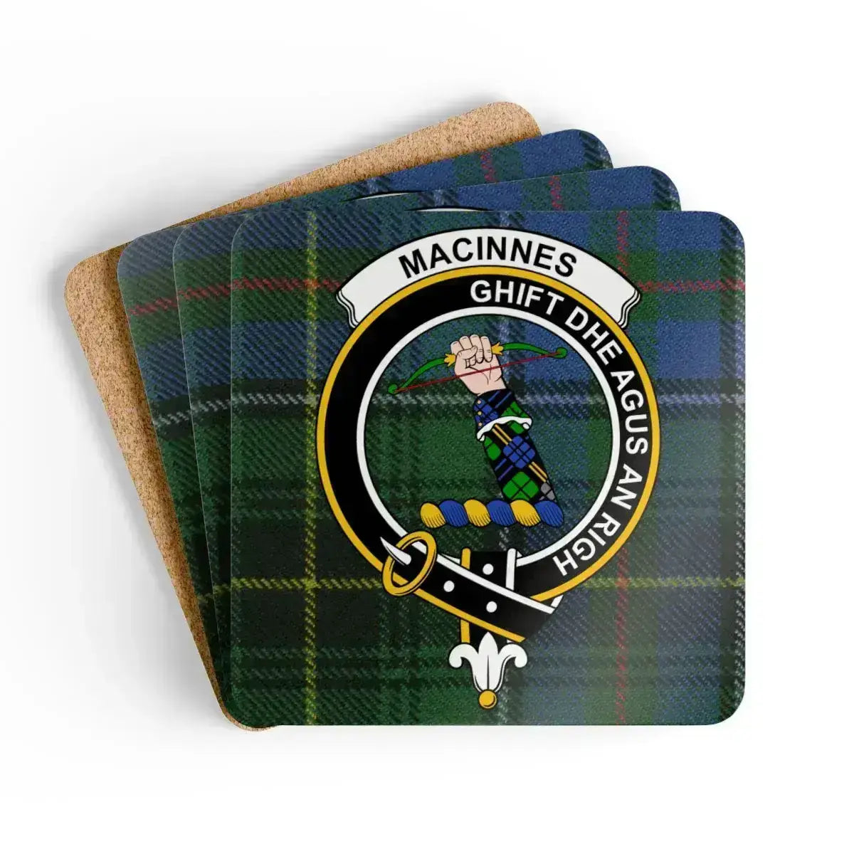 MacInnes clan crest tartan coaster set — Ghìft Dhe Agus An Righ on cork-backed square
