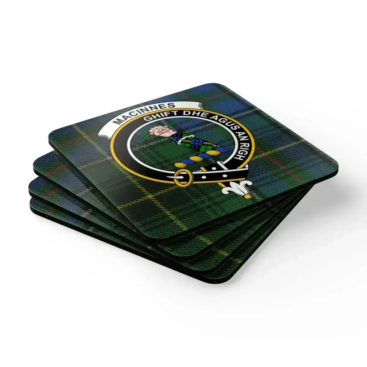 MacInnes clan badge tartan coaster set of four — cork-backed square 3.75 inch coasters