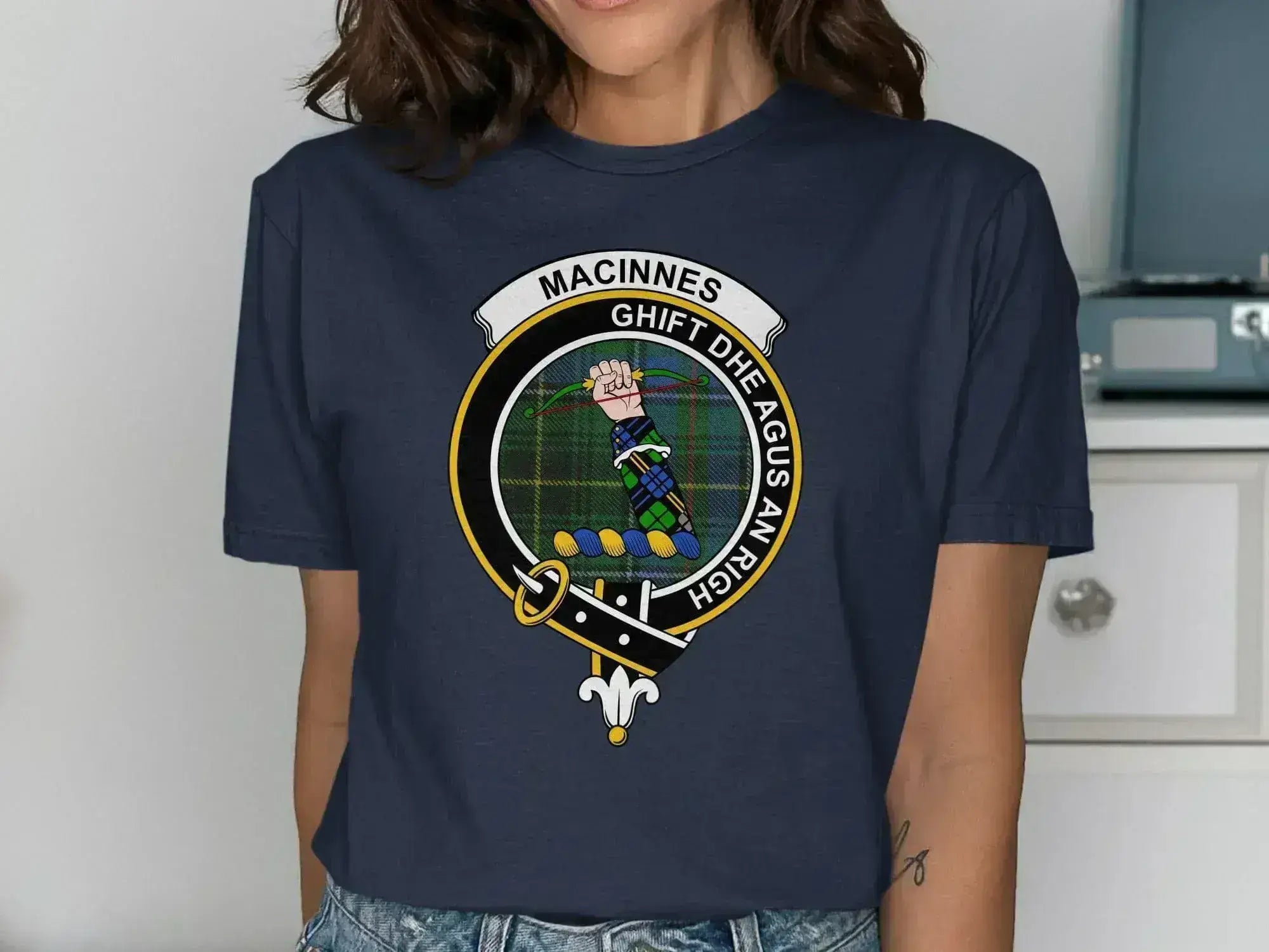 Clan MacInnes crest printed on royal blue t-shirt — unisex cotton short sleeve