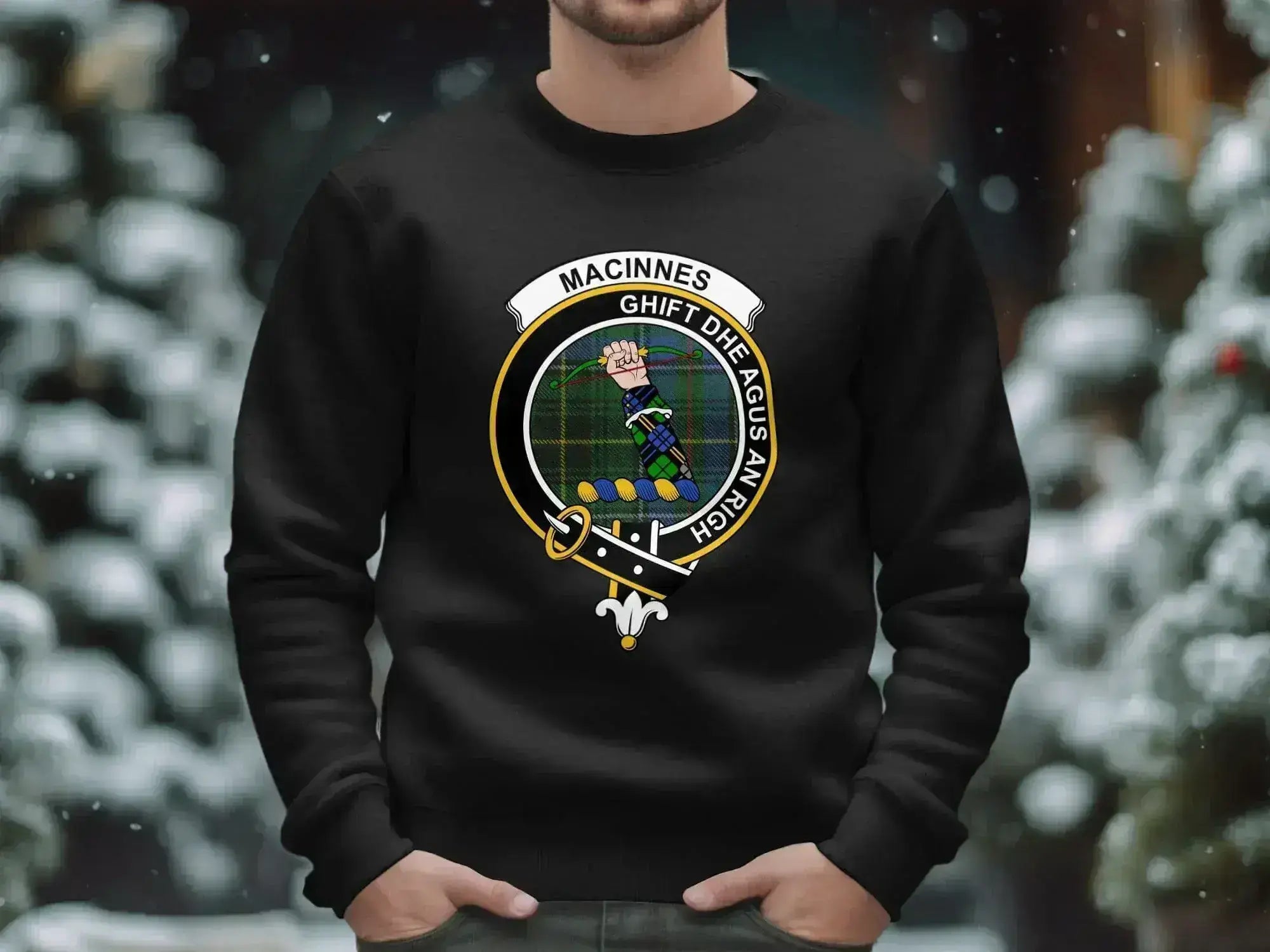 Clan MacInnes crest sweatshirt in black — printed tartan motto on fleece crewneck