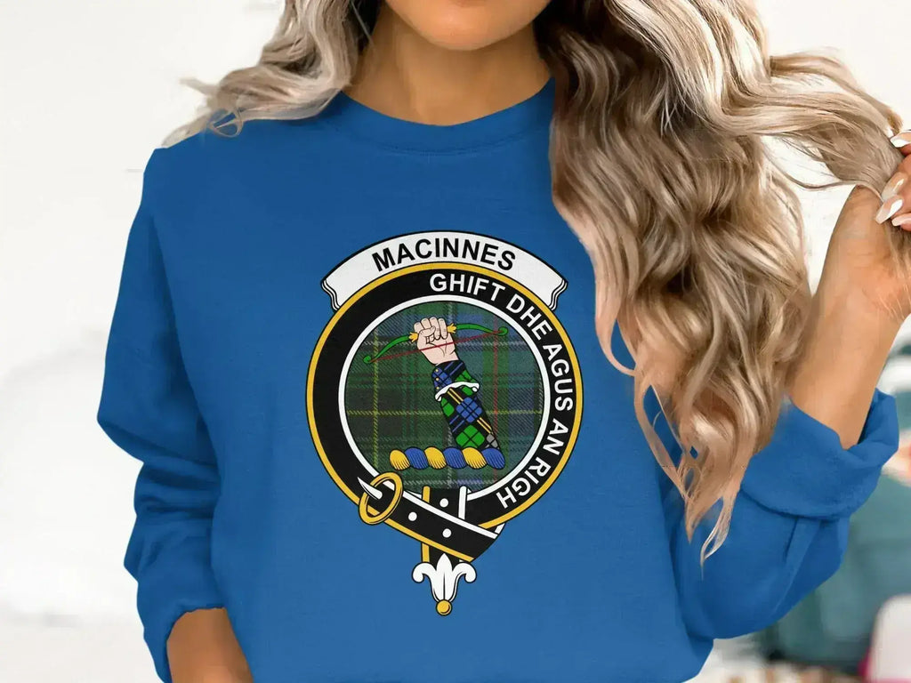 MacInnes clan crest emblem sweatshirt in forest green — ribbed cuffs and printed front