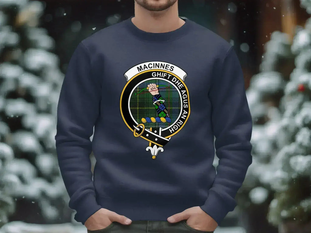 MacInnes Ghìft Dhe Agus An Righ sweatshirt in royal blue — printed crest on fleece crewneck