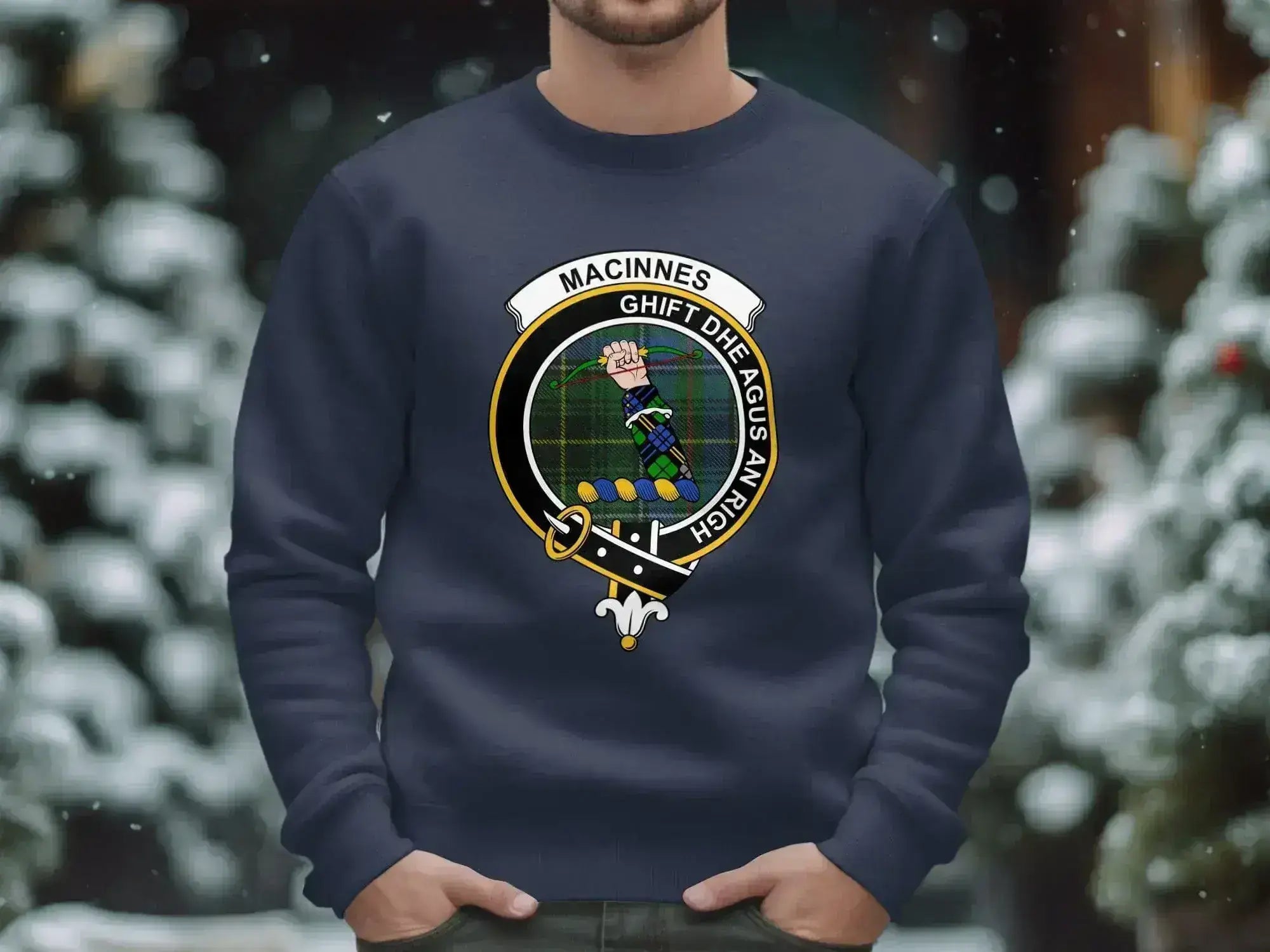 MacInnes Ghìft Dhe Agus An Righ sweatshirt in royal blue — printed crest on fleece crewneck