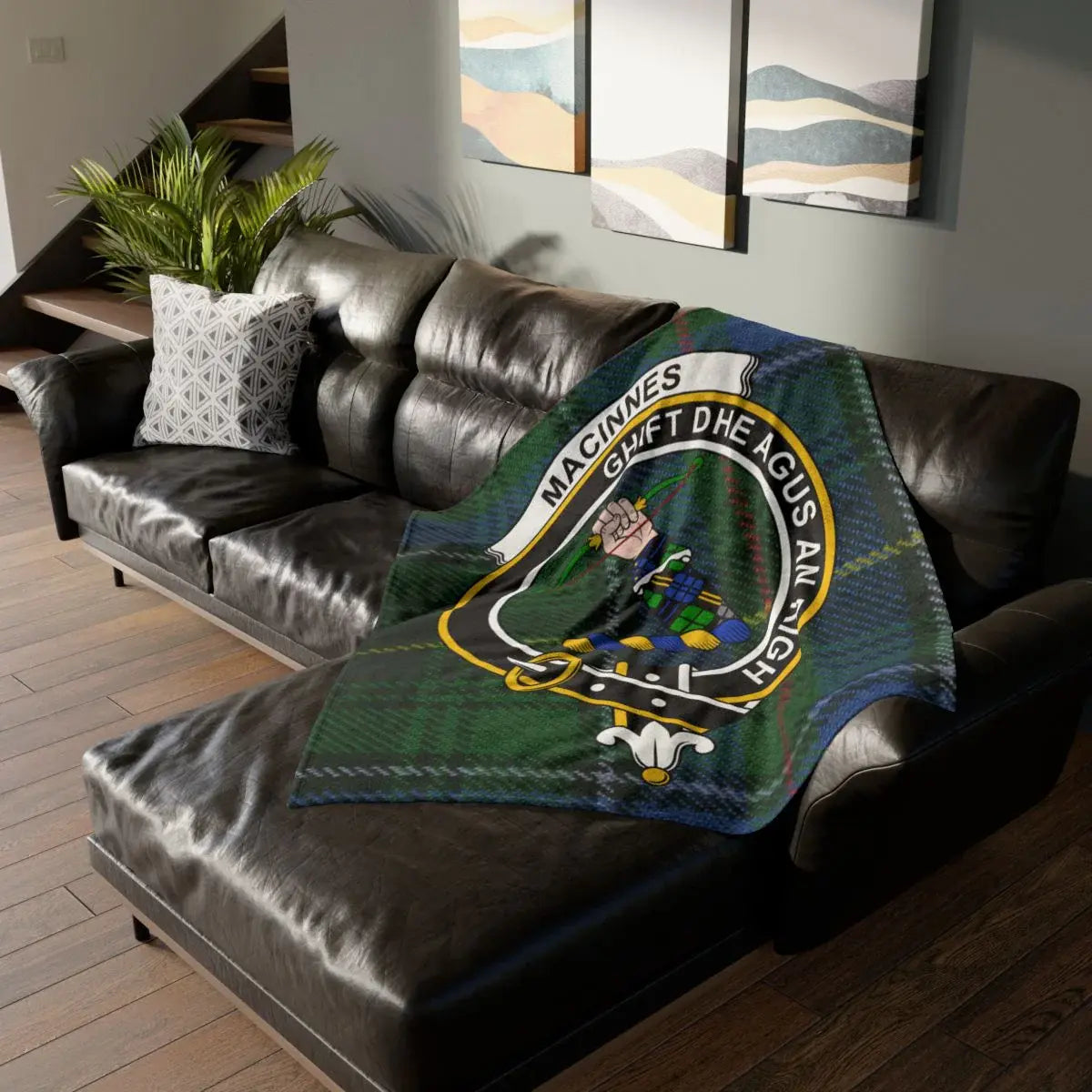 MacInnes clan crest tartan throw blanket — Ghìft Dhe Agus An Righ printed 50x60 polyester