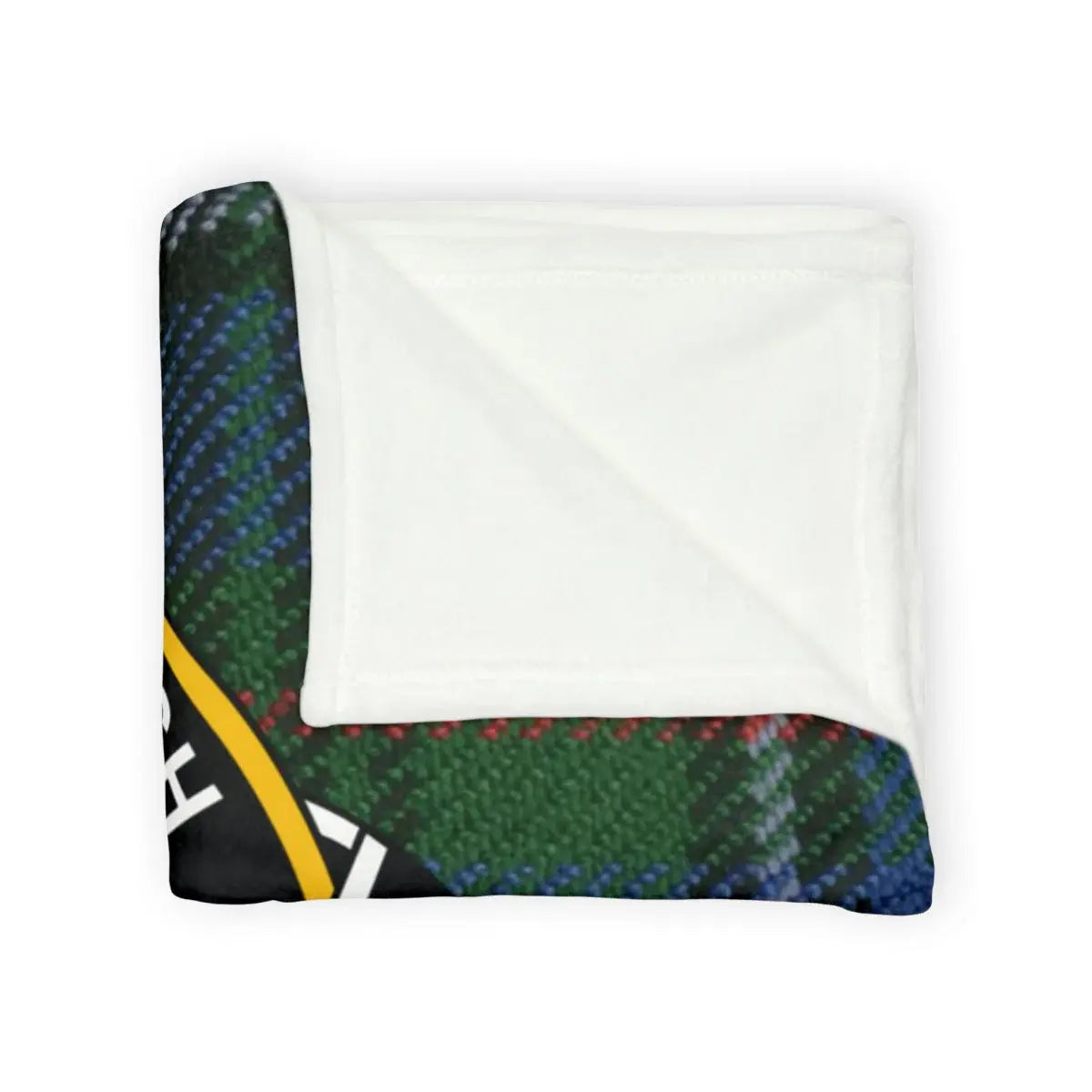 MacInnes tartan throw showing green plaid crest print — soft polyester 50x60 printed blanket