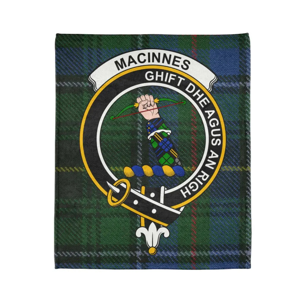 MacInnes clan crest tartan throw blanket laid flat — full Ghìft Dhe Agus An Righ print