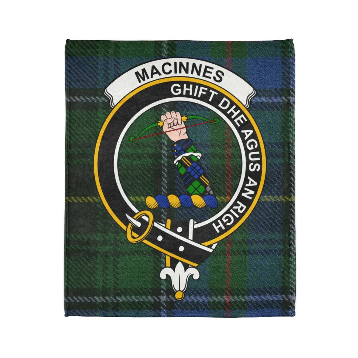 MacInnes clan crest tartan throw blanket laid flat — full Ghìft Dhe Agus An Righ print