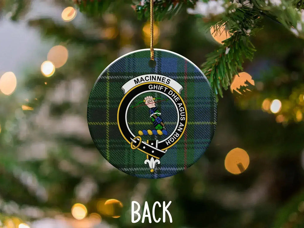 MacInnes tartan crest ornament reverse side — gold hanging string and UV printed design