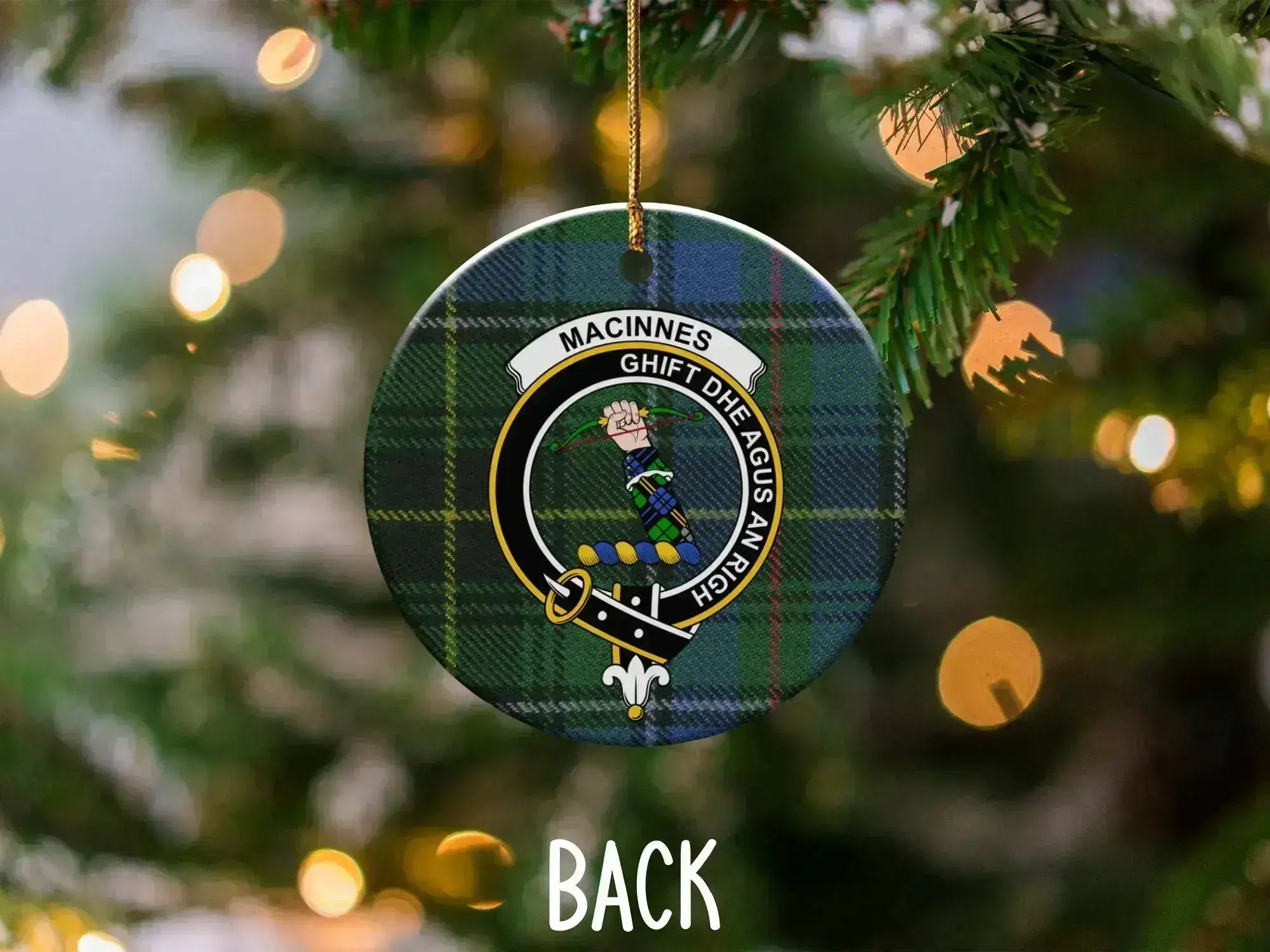 MacInnes tartan crest ornament reverse side — gold hanging string and UV printed design