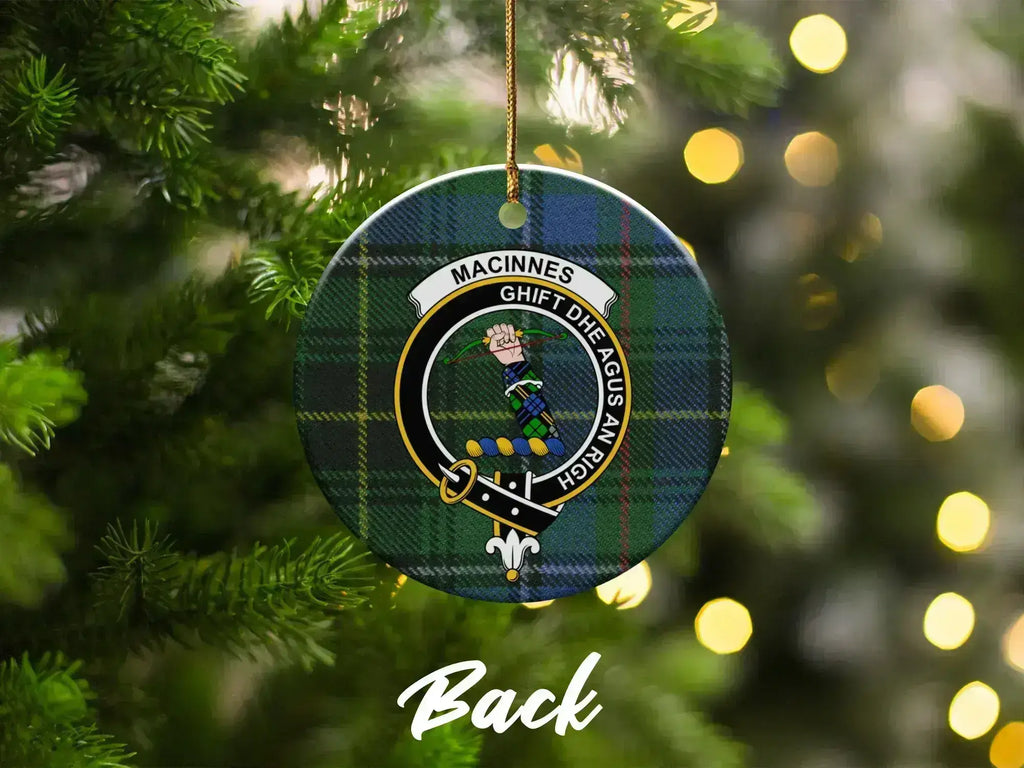 MacInnes clan crest ceramic ornament on Christmas tree — 3-inch round Scottish heritage keepsake