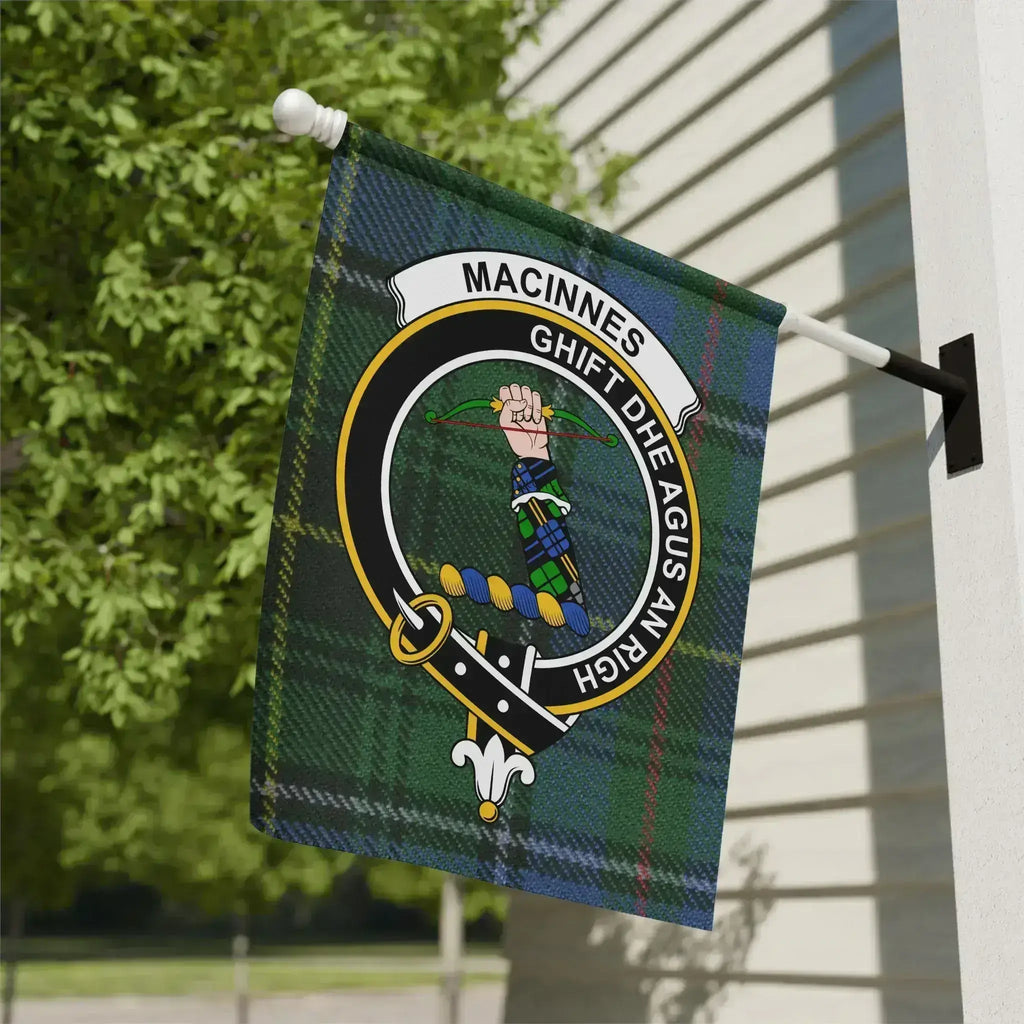 MacInnes clan crest tartan garden flag — Ghìft Dhe Agus An Righ on poly canvas 12x18 inch