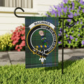 MacInnes tartan crest garden flag on outdoor stake — larger 24.5x32 porch display size